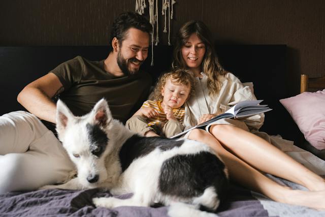 Parents and their kid reading a book together while a black and white dog lies next to them